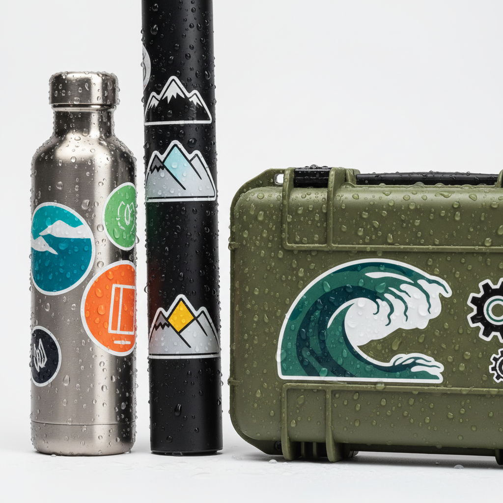 Durable vinyl stickers on a water bottle, a bike frame and a hard shell case with water droplets