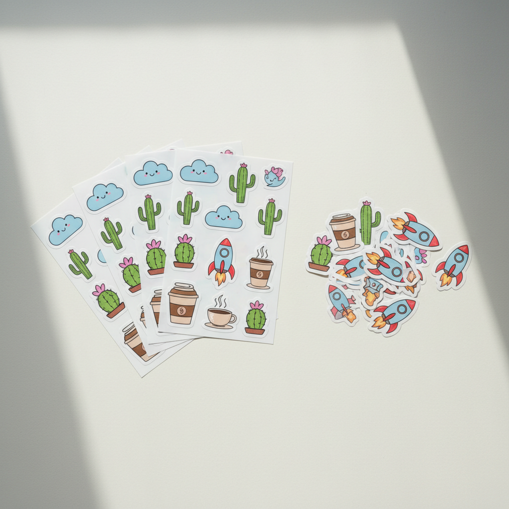 Kiss cut sticker sheets next to a pile of individual contour cut stickers