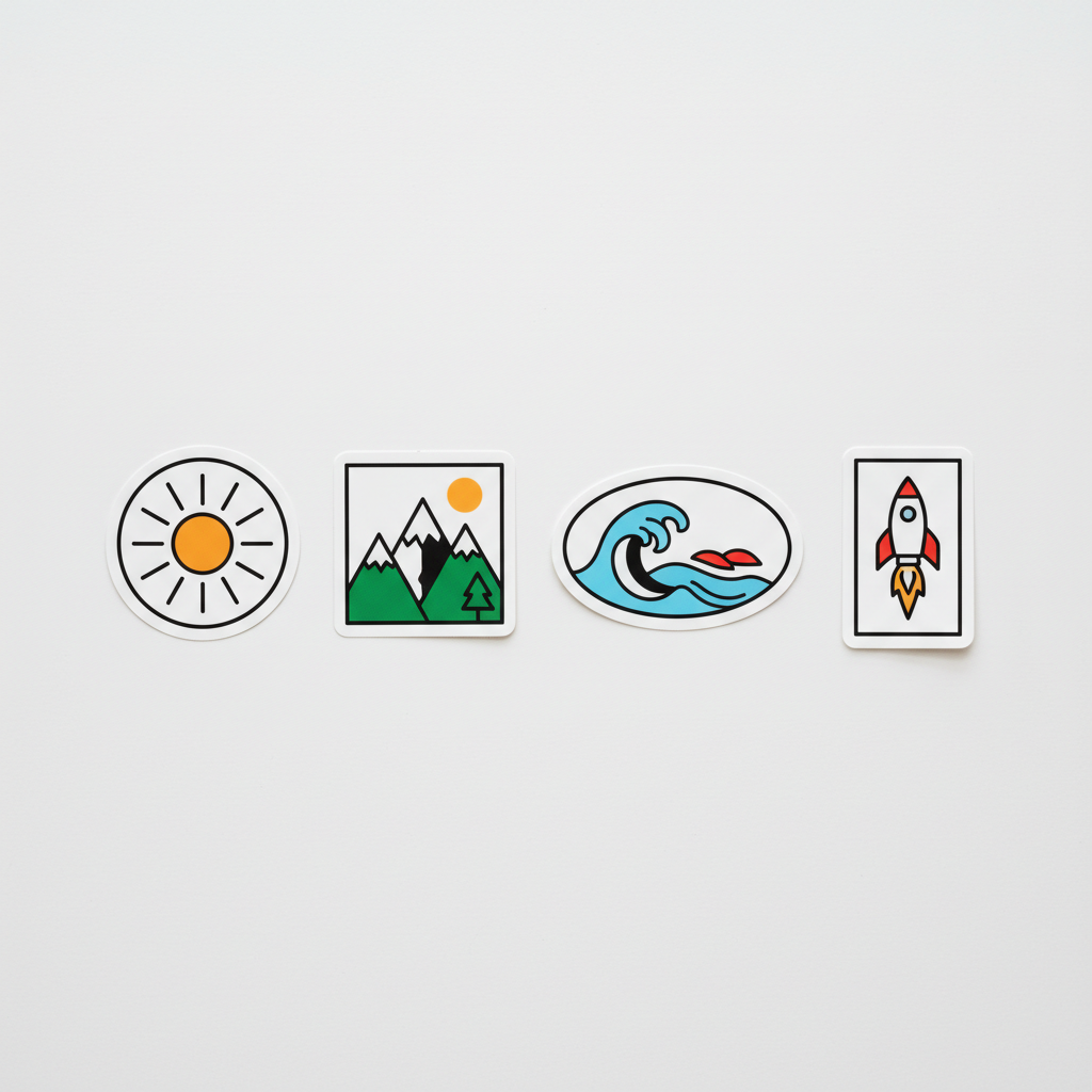 Custom stickers in circle, square, oval and rectangle shapes arranged in a grid