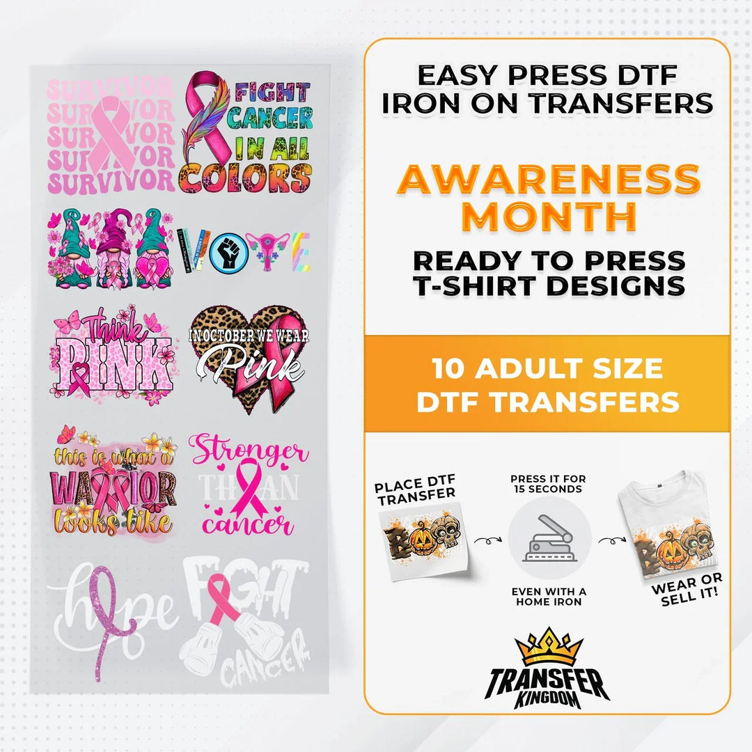 Iron on DTF Transfer Awareness Month Bundle 1 - 10 Best Seller T-shirt Designs Ready To Press - Transfer Kingdom