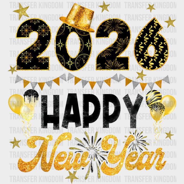 2026 Happy New Year B&W and Yellow - New Year DTF Transfer