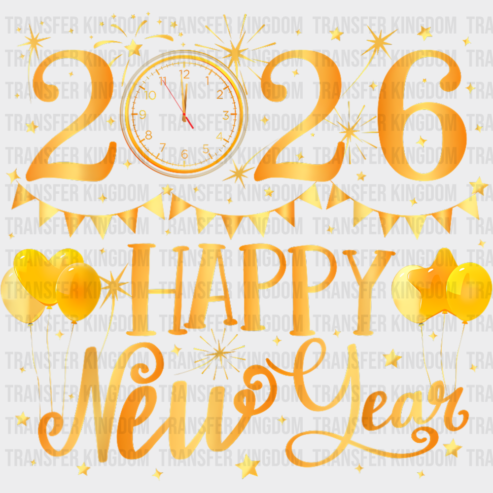 2026 Happy New Year Gold Clock - New Year DTF Transfer