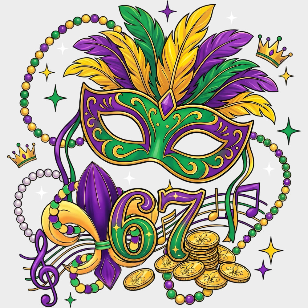 67 Mask - Mardi Gras DTF Transfers Adult Unisex - S & M (10’’) / Light Color Design (See Imaging)