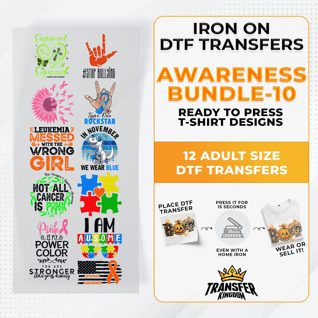 Iron on DTF Transfer Awareness Bundle 10 - 12 Best Seller T-shirt Designs Ready To Press - Transfer Kingdom