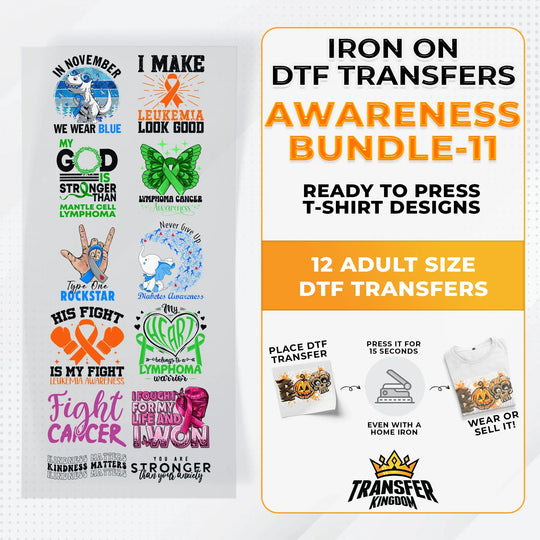 Iron on DTF Transfer Awareness Bundle 11 - 12 Best Seller T-shirt Designs Ready To Press - Transfer Kingdom