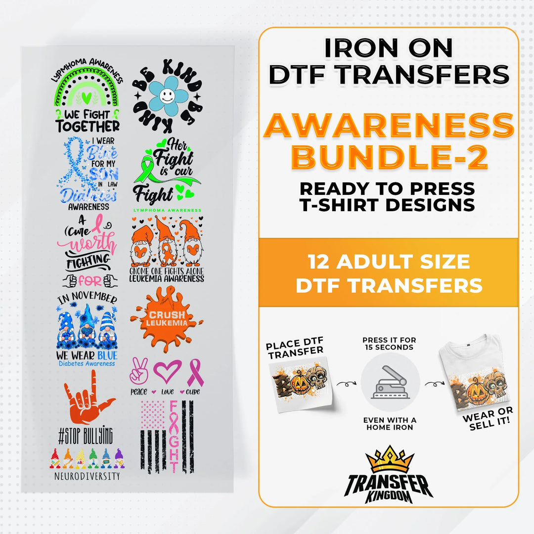 Iron on DTF Transfer Awareness Month Bundle 2 - 12 Best Seller T-shirt Designs Ready To Press - Transfer Kingdom