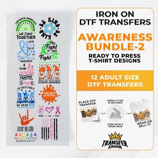Iron on DTF Transfer Awareness Month Bundle 2 - 12 Best Seller T-shirt Designs Ready To Press - Transfer Kingdom