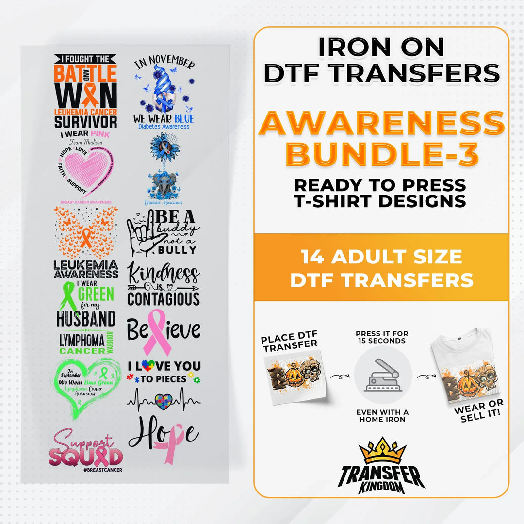Iron on DTF Transfer Awareness Month Bundle 3 - 14 Best Seller T-shirt Designs Ready To Press - Transfer Kingdom