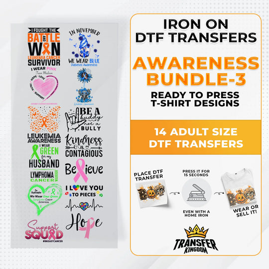 Iron on DTF Transfer Awareness Month Bundle 3 - 14 Best Seller T-shirt Designs Ready To Press - Transfer Kingdom