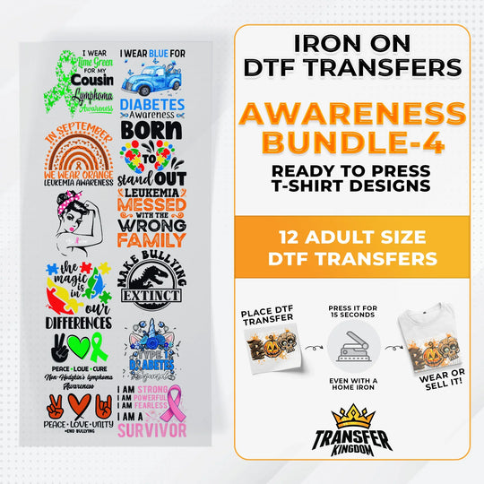 Iron on DTF Transfer Awareness Month Bundle 4 - 12 Best Seller T-shirt Designs Ready To Press - Transfer Kingdom