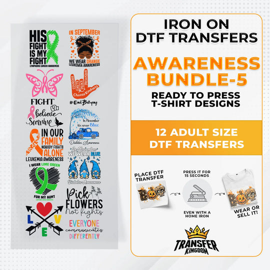 Iron on DTF Transfer Awareness Bundle 5 - 12 Best Seller T-shirt Designs Ready To Press - Transfer Kingdom