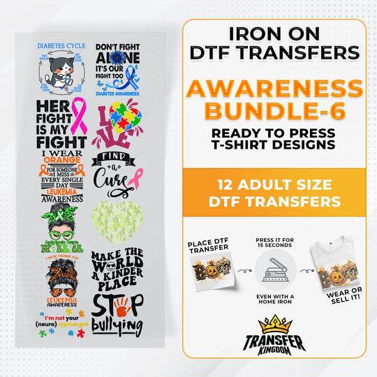 Iron on DTF Transfer Awareness Bundle 6 - 12 Best Seller T-shirt Designs Ready To Press - Transfer Kingdom