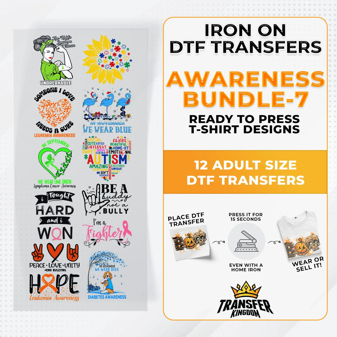 Iron on DTF Transfer Awareness Bundle 7 - 12 Best Seller T-shirt Designs Ready To Press - Transfer Kingdom