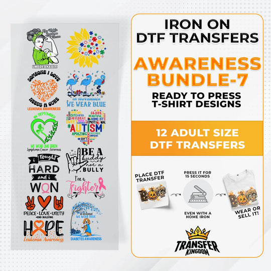 Iron on DTF Transfer Awareness Bundle 7 - 12 Best Seller T-shirt Designs Ready To Press - Transfer Kingdom
