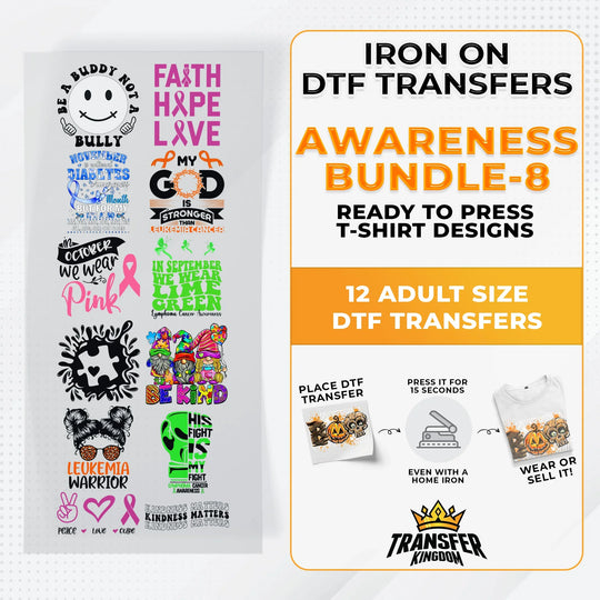 Iron on DTF Transfer Awareness Bundle 8 - 12 Best Seller T-shirt Designs Ready To Press - Transfer Kingdom