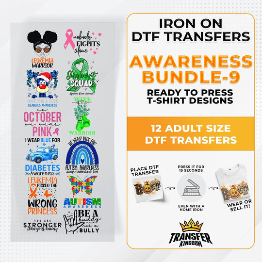 Iron on DTF Transfer Awareness Bundle 9 - 12 Best Seller T-shirt Designs Ready To Press - Transfer Kingdom