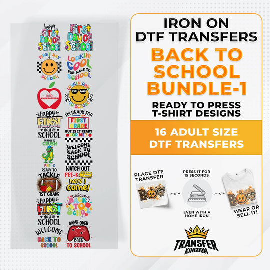 Back To School Bundle Iron on DTF Transfer Bundle 1 - 16 Best Seller Ready To Press T-shirt Designs - Transfer Kingdom