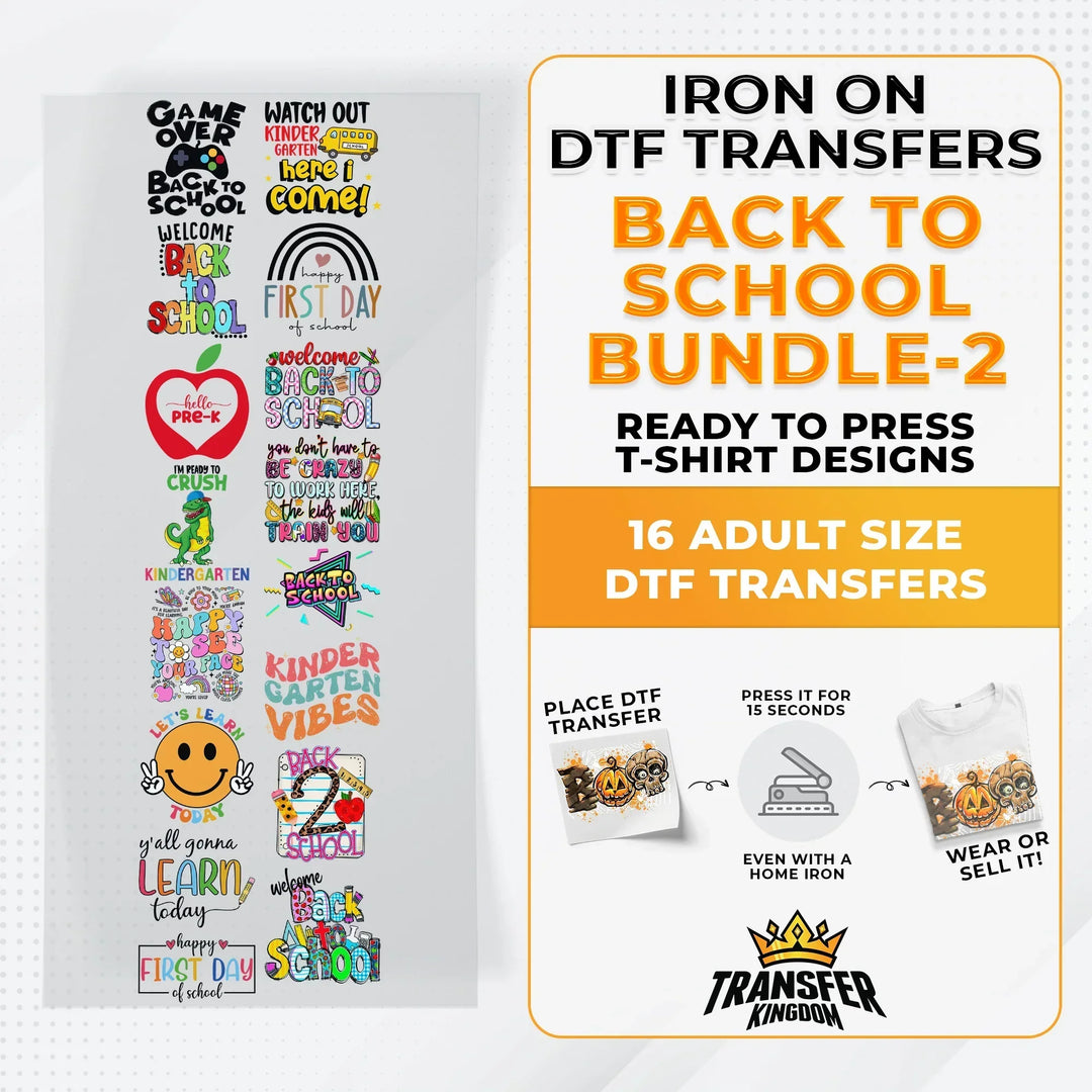 Back To School Bundle Iron on DTF Transfer Bundle 3 - 16 Best Seller Ready To Press T-shirt Designs - Transfer Kingdom