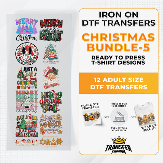 Iron on DTF Transfer Christmas Bundle 5 - 12 Best Seller T-shirt Designs Ready To Press - Transfer Kingdom