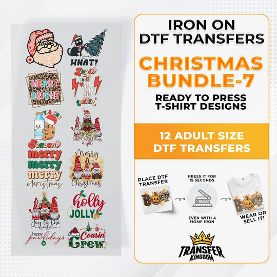Iron on DTF Transfer Christmas Bundle 7 - 12 Best Seller T-shirt Designs Ready To Press - Transfer Kingdom