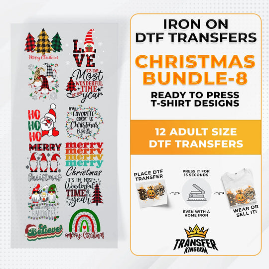 Iron on DTF Transfer Christmas Bundle 8 - 12 Best Seller T-shirt Designs Ready To Press - Transfer Kingdom