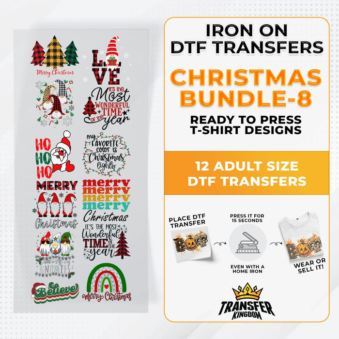 Iron on DTF Transfer Christmas Bundle 8 - 12 Best Seller T-shirt Designs Ready To Press