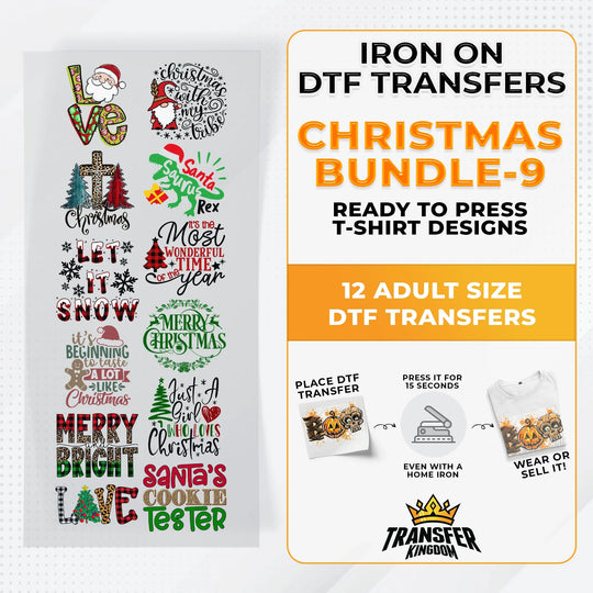 Iron on DTF Transfer Christmas Bundle 9 - 12 Best Seller T-shirt Designs Ready To Press - Transfer Kingdom