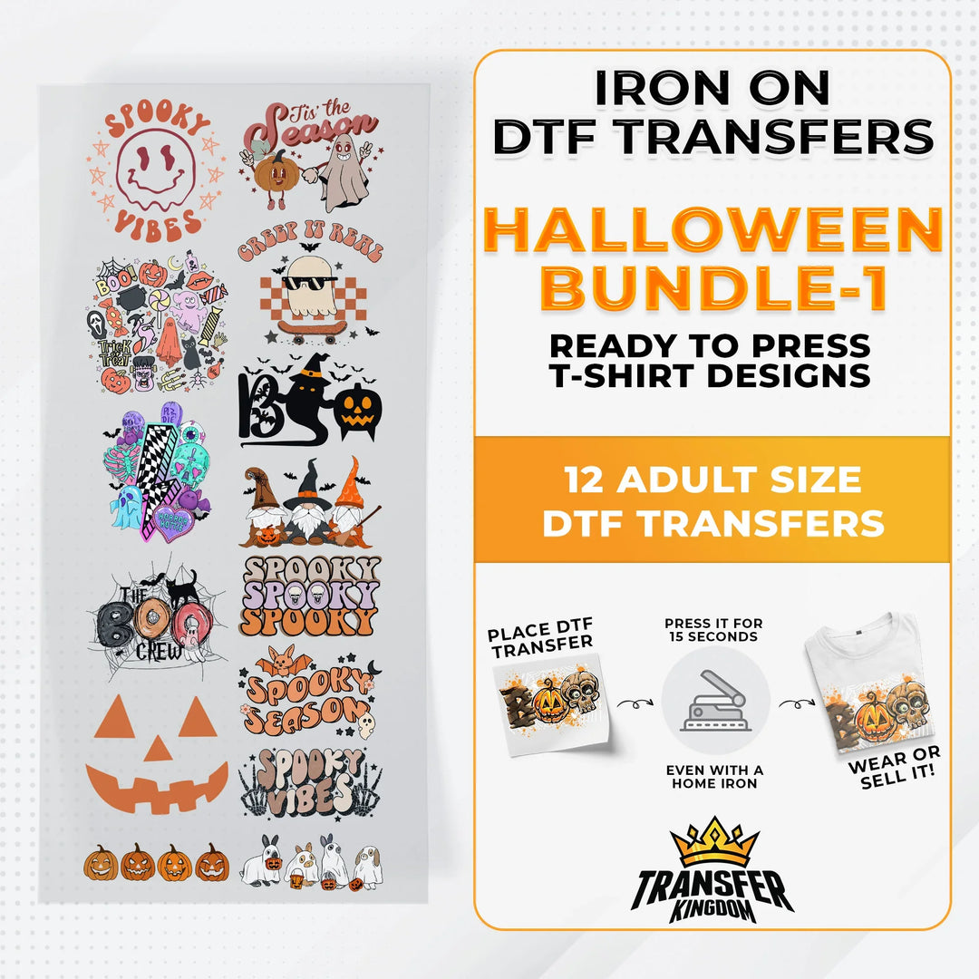 Iron on DTF Transfer Halloween Bundle 1 - 12 Best Seller T-shirt Designs Ready To Press - Transfer Kingdom