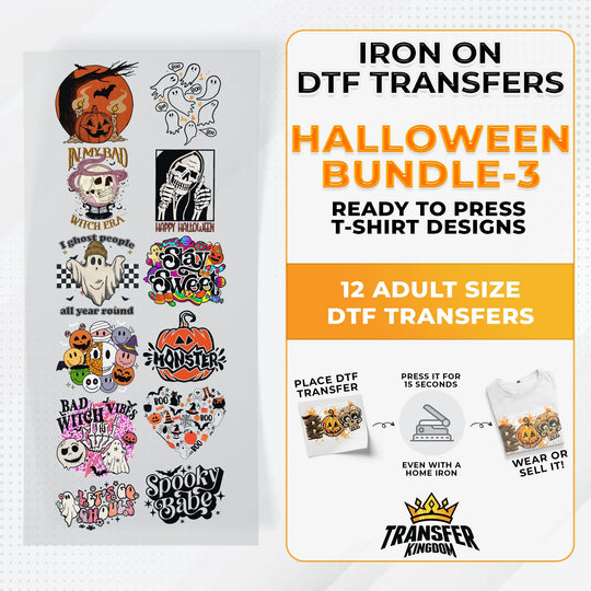 Iron on DTF Transfer Halloween Bundle 3 - 12 Best Seller T-shirt Designs Ready To Press - Transfer Kingdom