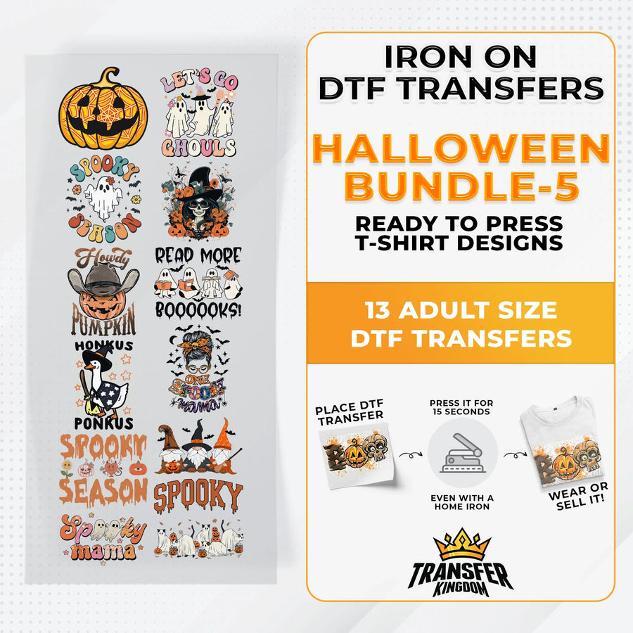 Iron on DTF Transfer Halloween Bundle 5 - 13 Best Seller T-shirt Designs Ready To Press - Transfer Kingdom