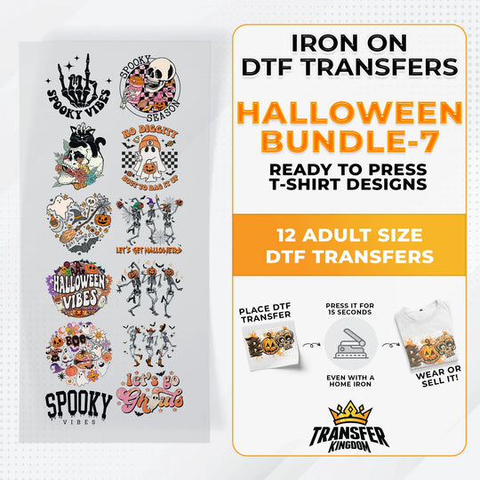 Iron on DTF Transfer Halloween Bundle 7 - 12 Best Seller T-shirt Designs Ready To Press - Transfer Kingdom