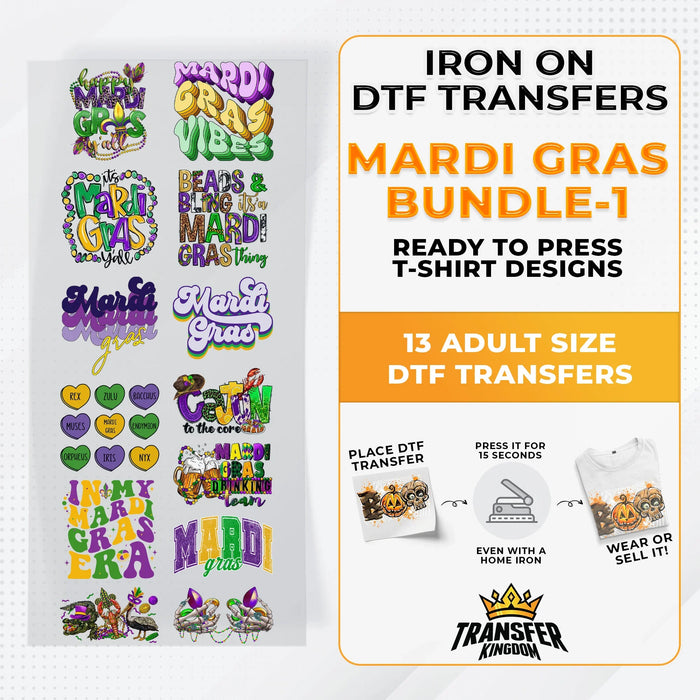 Mardi Gras Bundle Iron on DTF Transfer Bundle 1 - 13 Best Seller Ready To Press T-shirt Designs