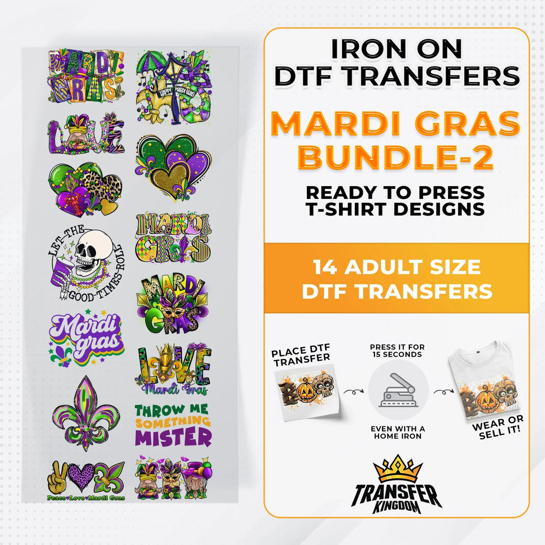 Mardi Gras Bundle Iron on DTF Transfer Bundle 2 - 14 Best Seller Ready To Press T-shirt Designs - Transfer Kingdom