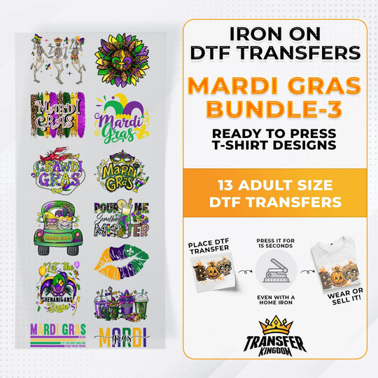 Mardi Gras Bundle Iron on DTF Transfer Bundle 3 - 13 Best Seller Ready To Press T-shirt Designs - Transfer Kingdom