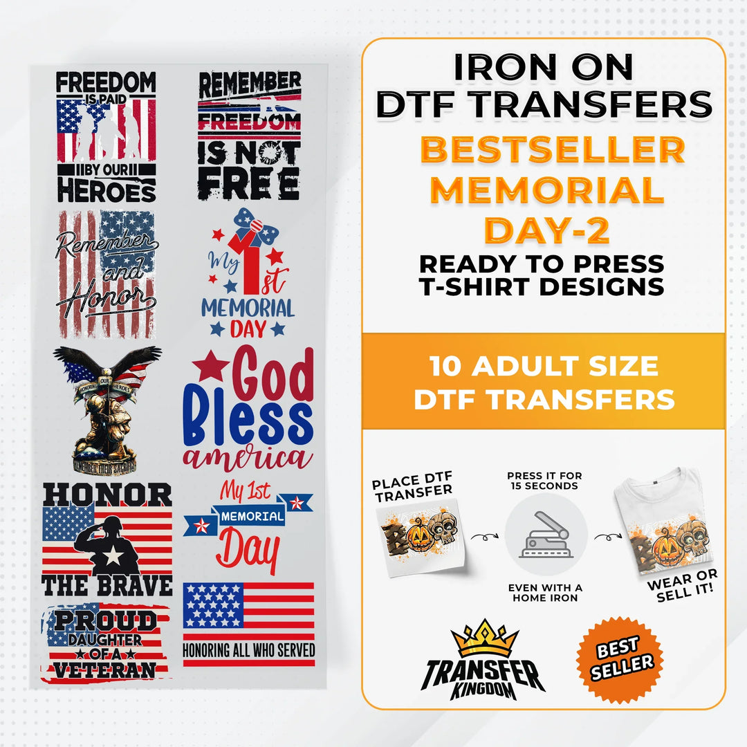 Best Seller Memorial Day T-shirt Designs Premade DTF Gangsheet - DTF Bundle 2 - Transfer Kingdom
