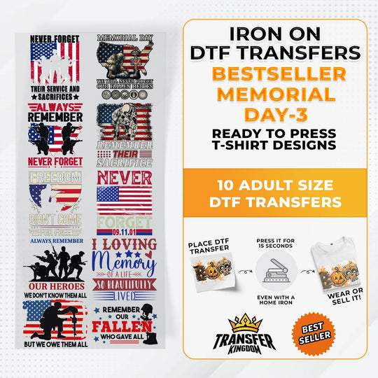 Best Seller Memorial Day T-shirt Designs Premade DTF Gangsheet - DTF Bundle 3 - Transfer Kingdom