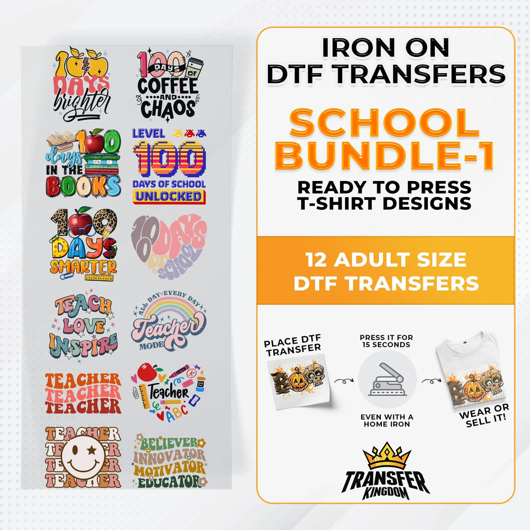 School Bundle Iron on DTF Transfer Bundle 1 - 12 Best Seller Ready To Press T-shirt Designs - Transfer Kingdom