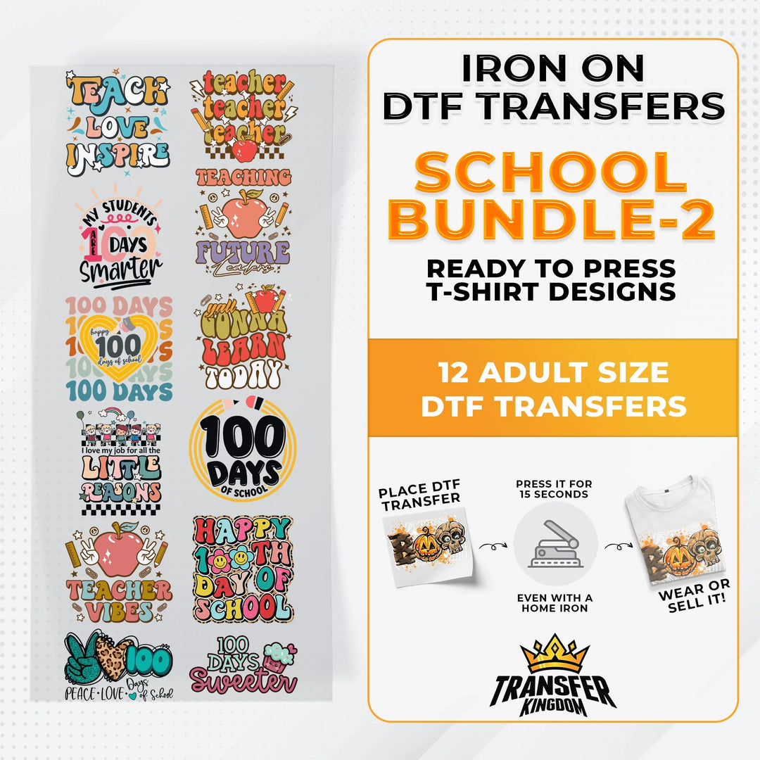 School Bundle Iron on DTF Transfer Bundle 2 - 12 Best Seller Ready To Press T-shirt Designs - Transfer Kingdom
