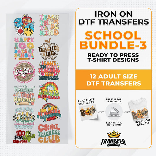 School Bundle Iron on DTF Transfer Bundle 3 - 12 Best Seller Ready To Press T-shirt Designs - Transfer Kingdom