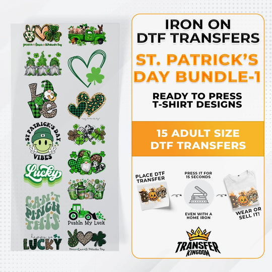 St.Patrick's Day Bundle Iron on DTF Transfer Bundle 1 - 15 Best Seller Ready To Press T-shirt Designs - Transfer Kingdom