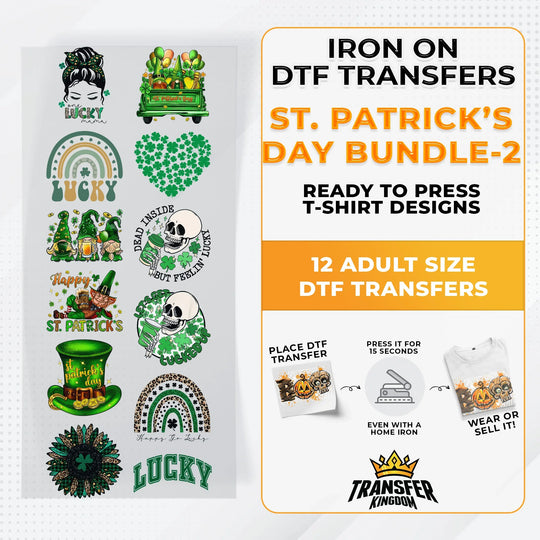 St.Patrick's Day Bundle Iron on DTF Transfer Bundle 2 - 12 Best Seller Ready To Press T-shirt Designs - Transfer Kingdom