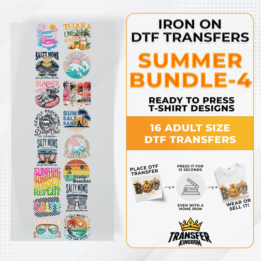 Summer Bundle Iron on DTF Transfer Bundle 4 - 16 Best Seller Ready To Press T-shirt Designs - Transfer Kingdom