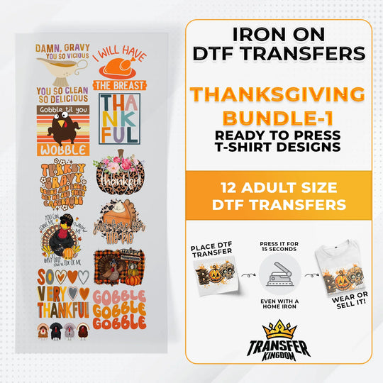 Iron on DTF Transfer Thanksgiving Bundle 1 - 12 Best Seller T-shirt Designs Ready To Press - Transfer Kingdom