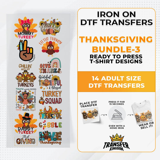 Iron on DTF Transfer Thanksgiving Bundle 3 - 14 Best Seller T-shirt Designs Ready To Press - Transfer Kingdom