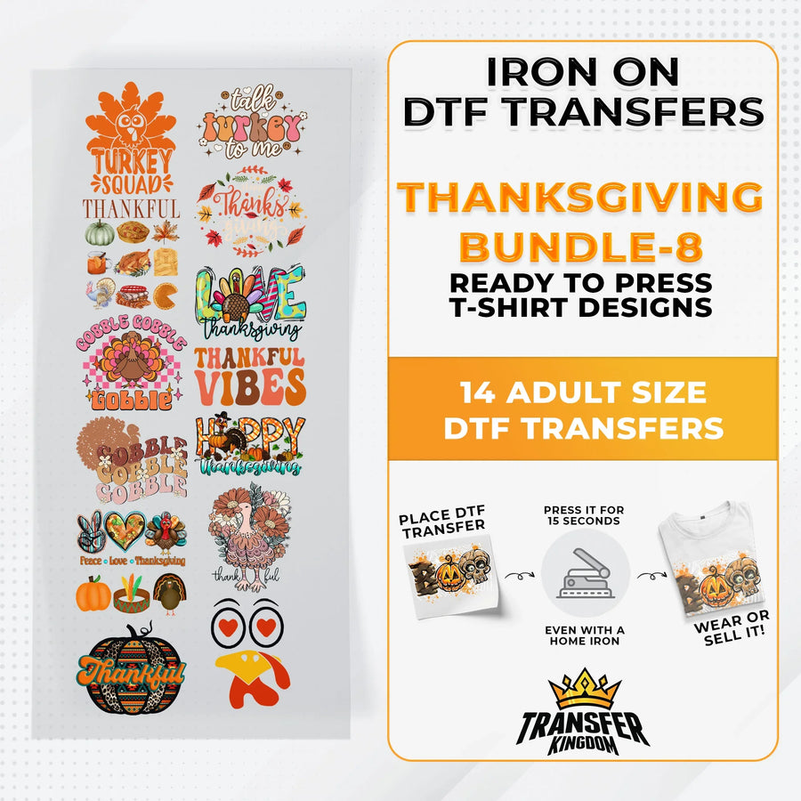 Iron on DTF Transfer Thanksgiving Bundle 8 - 14 Best Seller T-shirt Designs Ready To Press - Transfer Kingdom
