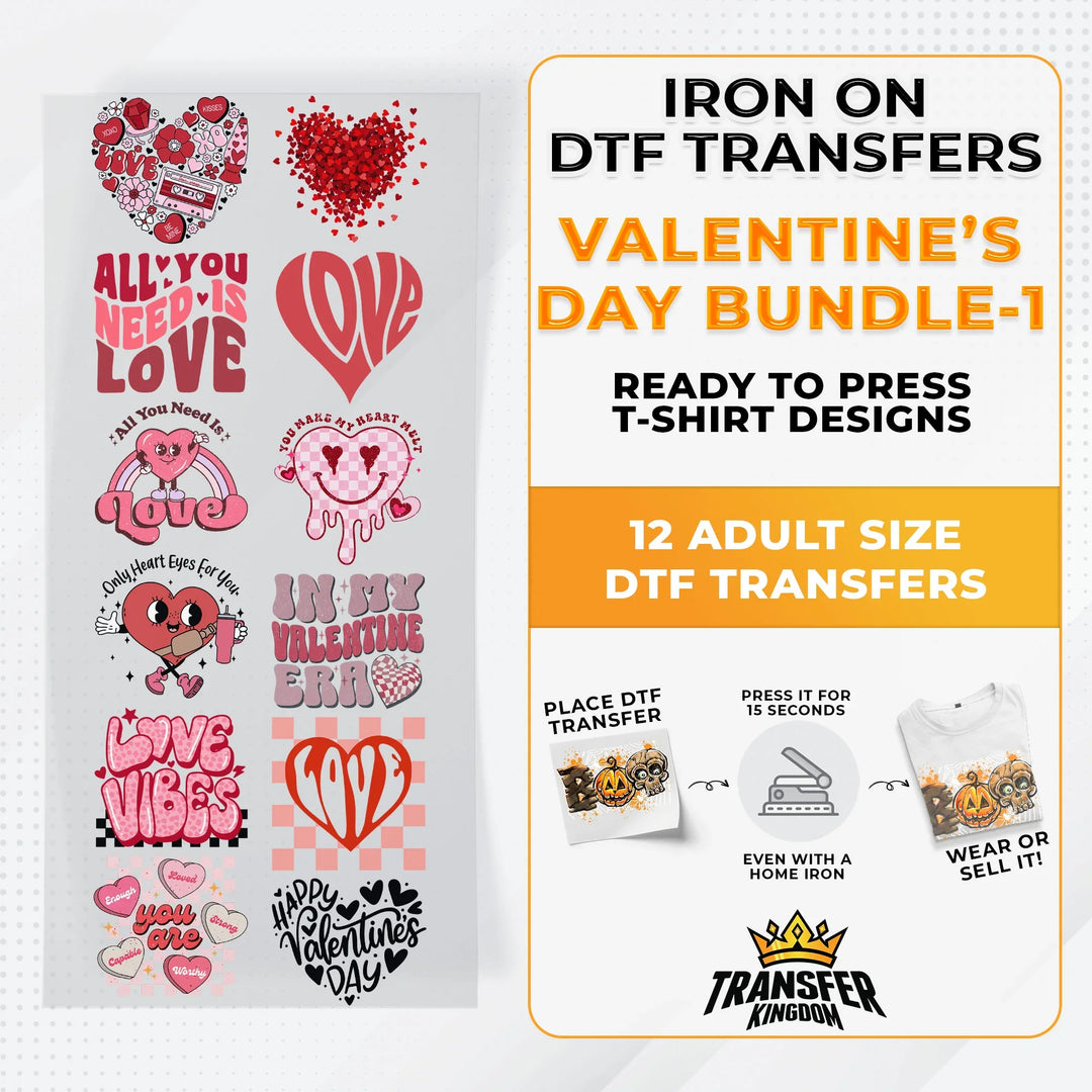 Valentine's Day Bundle Iron on DTF Transfer Bundle 1 - 12 Best Seller Ready To Press T-shirt Designs - Transfer Kingdom