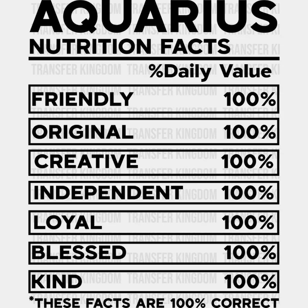 Aquarius Nutrition Facts - Zodiac & Horoscopes Dtf Heat Transfer Unisex S M (10’’) / Dark Color