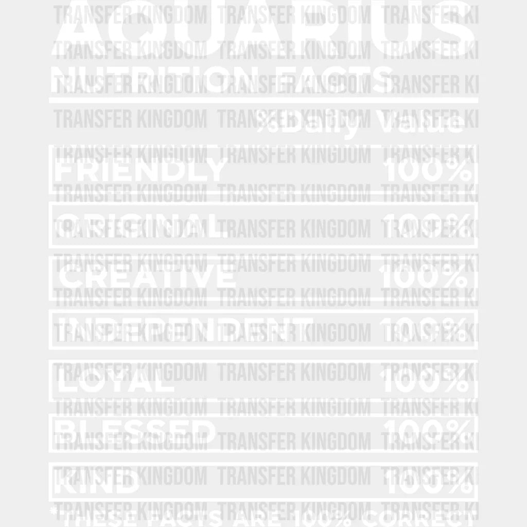 Aquarius Nutrition Facts - Zodiac & Horoscopes Dtf Heat Transfer Unisex S M (10’’) / Light