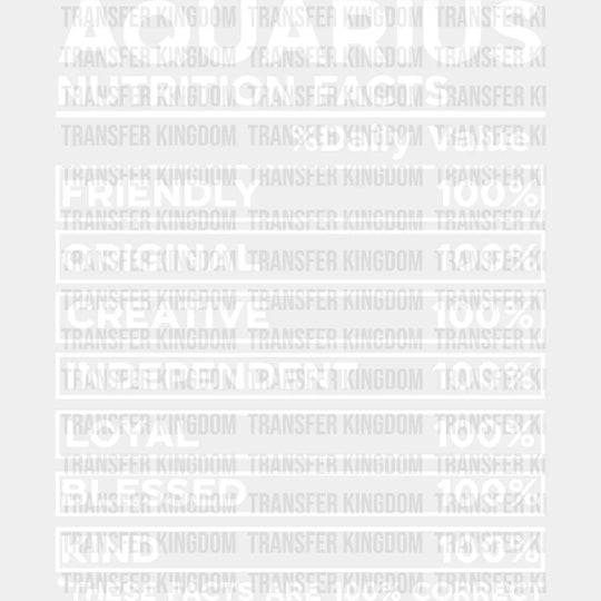 Aquarius Nutrition Facts - Zodiac & Horoscopes Dtf Heat Transfer Unisex S M (10’’) / Light