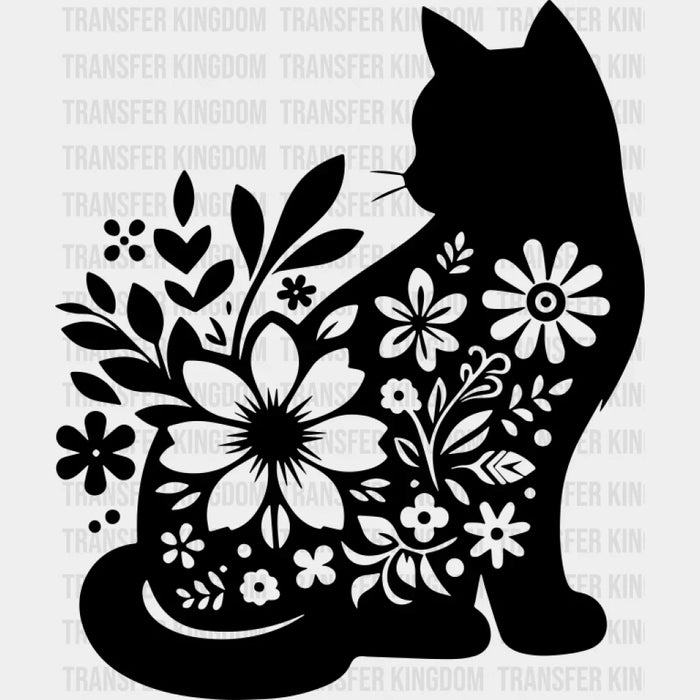 B&W Flower Cat - Cat DTF Transfer